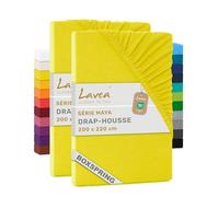 Lavea® Lot de 2 Draps-Housses 200x220 cm - Jaune Soleil | 100% Coton - Drap Housse avec Élastique Tout Autour, pour Lits Standard, Épais Jusqu’à 35 cm, Certifié OEKO-TEX®