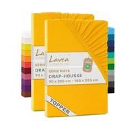 Lavea® Lot de 2 Draps-Housses 90x200 cm - Jaune Doré | 100% Coton - Drap Housse avec Élastique Tout Autour, pour Lits à Surmatelas, Épais Jusqu’à 10 cm, Certifié OEKO-TEX®