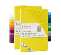 Lavea® Lot de 2 Draps-Housses 90x200 cm - Jaune Soleil | 100% Coton - Drap Housse avec Élastique Tout Autour, pour Lits à Surmatelas, Épais Jusqu’à 10 cm, Certifié OEKO-TEX®