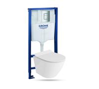 LAVITA | Elément de bâti-support GROHE Solido + WC suspendu Sogo Slim Blanc Sans rebord + Siège WC SoftClose | Bouton chromé | Kit