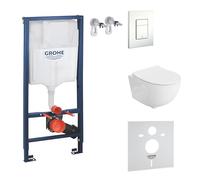 Lavita Élément mural Solido + WC suspendu Brava blanc sans bord + abattant de WC avec système d'abaissement automatique blanc brillant bouton kit complet encastré réservoir de chasse WC complet