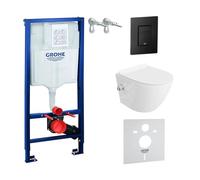 LAVITA Élément mural Solido + WC suspendu Salto blanc sans bord + abattant de WC avec système d'abaissement automatique bouton noir - Kit complet encastré WC complet