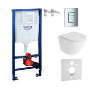 LAVITA Élément mural Solido + WC suspendu Sofi One blanc sans bord + siège de WC avec système d'abaissement automatique Bouton chromé Kit complet encastré WC complet