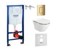 LAVITA Élément mural Solido + WC suspendu Sofi Slim Gold Line sans bord + siège de WC avec système d'abaissement automatique bouton doré - Kit complet encastré - WC complet