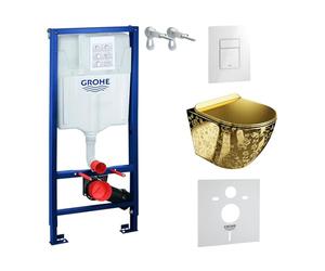 LAVITA Élément mural Solido + WC suspendu Sofi Slim Golden Eye doré sans bord + abattant WC SoftClose blanc brillant bouton kit complet encastré réservoir de chasse WC complet