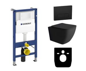 Lavita Geberit Duofix Basic Ensemble WC avec élément de fixation + évier mural Lago noir sans bord + siège de WC + panneau de commande Delta 25 bouton noir Kit complet encastré pour réservoir de