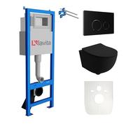 Lavita LAV 101 Élément mural pour WC 40 cm + suspension murale, évier profond, WC Brava, noir, sans bord + panneau de commande LAV 200.4.4, noir, abattant de toilette, kit complet