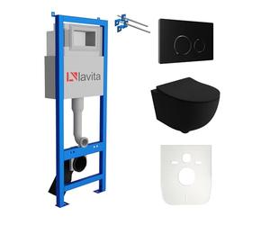 Lavita LAV 101 Élément mural pour WC 40 cm + suspension murale, évier profond, WC Brava, noir, sans bord + panneau de commande LAV 200.4.4, noir, abattant de toilette, kit complet
