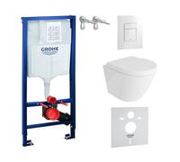 LAVITA Sogo Élément mural avec abattant WC suspendu blanc sans bord + abattant de WC avec système d'abaissement automatique Blanc brillant Bouton complet encastré Réservoir de chasse WC complet