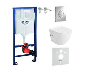 LAVITA Solido Start + WC suspendu mural Salto blanc sans bord + siège de WC avec système d'abaissement automatique Bouton chromé Kit complet encastré WC complet