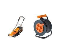 LawnMaster M2EB1637M Tondeuse et tracteurs 1600W 37cm, 6 Hauteurs Réglable 20-70mm, 40L Bac de Ramassage 2 Ans de Garantie & Zenitech Enrouleur 4 prises HO5VV-F 3G1mm² 25m + coupe-circuit, Noir/Orange