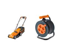 LawnMaster MEB1434M Tondeuse et tracteurs 1400W 34cm, 6 Hauteurs Réglable 20-70mm, 32L Bac de Ramassage 2 Ans de Garantie & Zenitech Enrouleur 4 Prises HO5VV-F 3G1mm² 25m + Coupe-Circuit, Noir/Orange