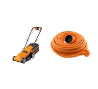 LawnMaster MEB1434M Tondeuse et tracteurs 1400W 34cm, 6 Hauteurs Réglable 20-70mm, 32L Bac de Ramassage 2 Ans de Garantie & Prolongateur 16A HO5VV-F 2X 1,5 2P sans Terre Orange 20m - Zenitech