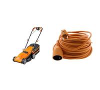 LawnMaster MEB1434M Tondeuse et tracteurs 1400W 34cm, 6 Hauteurs Réglable 20-70mm, 32L Bac de Ramassage 2 Ans de Garantie & Zenitech Prolongateur, Orange, 25 m