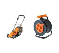 LawnMaster MEB1840M Tondeuse électrique Gazon 1800W 40cm, 6 Hauteurs Réglable 20-70mm & Zenitech Enrouleur 4 prises HO5VV-F 3G1mm² 25m + coupe-circuit, Noir/Orange