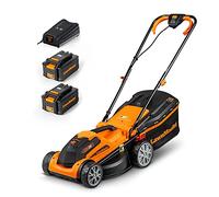 LawnMaster Tondeuse sans Fil 24V 34cm, 2 Batteries, pour 300m² | Incl. 2 batteries 4Ah & chargeur, 6 hauteurs de coupe 20-70mm, fonction mulching, bac 32L, guidon pliable ergonomique.