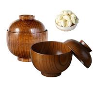 Lawnrden Bols à Soupe en Bois | Bols à Soupe Miso 2 pièces, Texture Naturelle Rustique en Bois avec couvercles pour la Nourriture, Le Riz, Le thé, la décoration