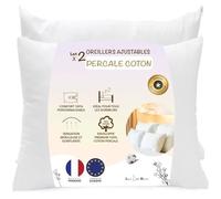 LazyBearHome Oreiller 60x60 Lot 2, Housse Percale Coton, Garnissage Fibre Creuse siliconée, Ajustable Hauteur, Marque FR Fabriqué