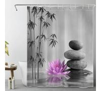 LB Bambou Zen Rideaux de Douche 150x200cm(LxH) Fleurs Violettes Pierres Grises Rideaux de Bain avec Crochets, Spa de Jardin Japonais Extra Longue Imperméable Polyester Anti Moule Salle de Bain Décor