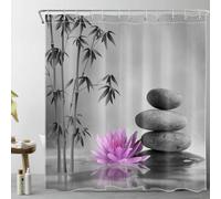 LB Bambou Zen Rideaux de Douche 180x180cm Fleurs Violettes Pierres Grises Rideaux de Bain avec Crochets, Spa de Jardin Japonais Imperméable Polyester Anti Moule Salle de Bain Décor