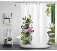 LB Pierres Zen Grises Rideaux de Douche 120x175cm(LxH) Rose Floral Vert Bambou Rideaux de Bain avec Crochets, Papillon dans Le Jardin Extra Court Imperméable Polyester Anti Moule Salle de Bain Décor