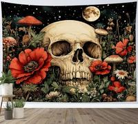 LB Tapisserie Murale Crâne gothique Tapisserie Fleur rouge Champignon Plantes vertes Couverture Murales Étoile lune Ciel noir blanc Tapisseries Decoration pour Maison Salon Chambre Dortoir,150x130cm