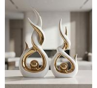LCCCK Lot de 2 sculptures abstraites en céramique blanche et dorée - Figurines décoratives modernes pour salon, étagère, cheminée, table, décoration d'intérieur, cadeau de pendaison de crémaillère