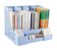 LdawyDE Porte Revue Bureau avec Range-stylos, 4 Compartiments Porte Revue A4, Trieur Vertical Rangement pour Documents, Catalogues & Magazines pour Maison Bureau (Bleu)