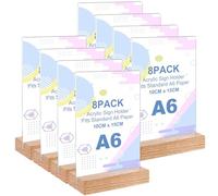 LDHHYH 8 Pièces Porte Menu A6 en Acrylique Double Face, Presentoir de Table avec Pied en Bois, Support Affiche 10 x 15 cm pour Prix, Photos, Restaurant, Bureau et Café