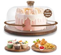 LDHHYH Plateau Tournant Patisserie en Bois D'acacia avec Cloche, Presentoir A Gateau 29,5 x 24 cm, Plateau Gateau Rond avec Couvercle pour Dessert Buffet
