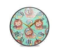 LDIYEU Boule De Lion De Dessin Animé Murale Décoratif Moderne Horloge de Mur Circulaire Silencieuse Horloges pour Enfant Garçons Le Bureau à Domicile Cuisine Chambre école Décor(9.5In 11.9In)