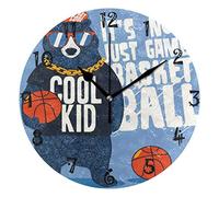 LDIYEU Enfant Frais De Basket-Ball D’Ours Pendule Murale Décoratif Moderne Horloge de Mur Circulaire Silencieuse horloges pour Enfant Garçons Le Bureau à Domicile Salon Cuisine Chambre école Décor