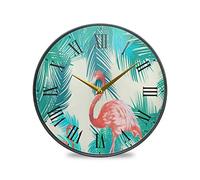 LDIYEU Feuille d'arbre Vert Flamigon Tropical Décoratif Horloge de Mur Circulaire Silencieuse pour Garçons Filles Le Cuisine école Horloges Décor Bureau à Domicile