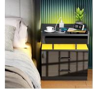 LDSZXNE Table de chevet avec LED avec Prise et Port USB - Table de nuit 2 tiroirs Noir - 45x35x52cm