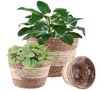 LDXDRU 3 Pièces Panier Tressé Plante, Cache Pot Osier avec Doublure PE, Paniers Ronds 19/23/25 Cm Style Naturel pour Fleurs, Salon, Balcon Et Terrasse
