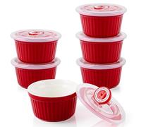 LDXDRU 6 Pièces Ramequin avec Couvercle 200 ml, Ramequin Four Rouge en Porcelaine, Mini Cocotte Individuelle 9 x 5 cm pour Dessert et Sauce, Cuisine et Table Maison