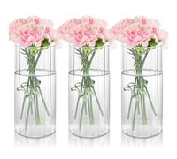 LDXDRU Lot de 3 petits vases en verre pour décoration de table - 20 cm de haut - Vase cylindrique moderne - Vase rond en verre transparent pour mariage - Vase à fleurs nervuré pour décoration