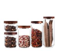 LDXDRU Lot de 5 bocaux de conservation en verre avec couvercle en bois, 250 ml/350 ml/650 ml/950 ml/1250 ml, avec couvercle en bois, empilables et hermétiques pour épices et aliments