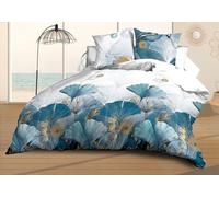 Le Linge de Jules Parure Drap Plat + Drap-Housse 140x190 + 2 Taies - Microfibre Douce et résistante - Entretien Facile - Ginko, Bleu