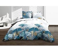 Le Linge de Jules Parure Drap Plat + Drap-Housse 160x200 + 2 T - Pur Coton 57 Fils - Ginko Bleu, 160x200 - Ginko Bleu, 160 x 200 cm