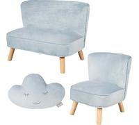 Le lot « Lil Sofa » de roba comprend un canapé pour enfant, un fauteuil pour enfant et un coussin décoratif « Wolke » (nuage) bleu clair/ciel.