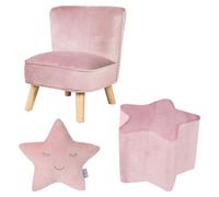 Le lot "Lil Sofa" de Roba comprend un fauteuil pour enfant, un repose-pied en forme d'étoile pour enfant, et un coussin décoratif en forme d'étoile, rose/mauve