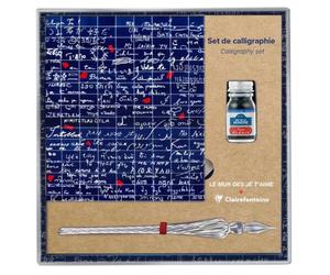 Le Mur des Je t'aime, Set de calligraphie 21x21 cm contenant une plume de verre, un flacon d'encre Rue de la Verrerie 10ml Jacques Herbin, un bloc de 60 feuilles de papier blanc 185g