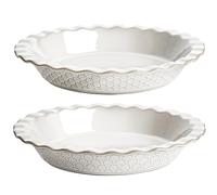 LE TAUCI Lot de 2 moules à tarte en céramique pour la cuisson, plaque à tarte de 22,9 cm pour tarte aux pommes, plat de cuisson rond, 1 020,6 g, feu d'artifice + peigne à miel, blanc arctique
