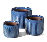 LE TAUCI Lot de 3 Pots de Fleurs en Céramique, 15+17+21 cm Pot de Fleur Interieur avec Trou de Drainage, Cylindre Moyen pour Plantes d’intérieur, Bleu Océan Emaillé