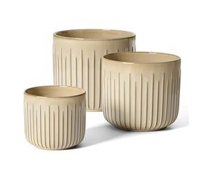 LE TAUCI Lot de 3 Pots de Fleurs en Céramique, 15+17+21 cm Pot de Fleur Interieur avec Trou de Drainage, Cylindre Moyen pour Plantes d’intérieur, Beige Emaillé
