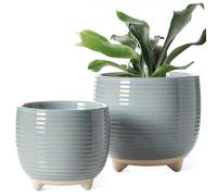 LE TAUCI Pots de plantes en céramique, pots pieds de 13 + 16,3 cm pour plantes, pots de fleurs modernes pour la maison et le bureau, pots de fleurs d’intérieur avec drainage, émail réactif gris