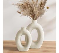LE TAUCI Vase en Céramique Lot de 2, 26 + 21,5 cm Vases Fleurs Donut Creux Couleur Crème, Décoratif Style Nordique Boho pour Salon, Table, Étagère, Cheminée, Ivoire Chaud Moucheté