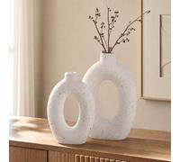 LE TAUCI Vase en Céramique Lot de 2, 26 + 21,5 cm Vases Fleurs Donut Creux Couleur Crème, Décoratif Style Nordique Boho pour Salon, Table, Étagère, Cheminée, Blanc Moucheté