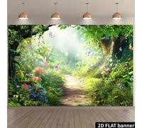 Le tissu de fond du royaume secret de la jungle fantaisiste présente une jungle à la lumière verte, des papillons et un chemin rempli de fleurs. Fabriqué en tissu de polyester, il ne nécessite pas d'a
